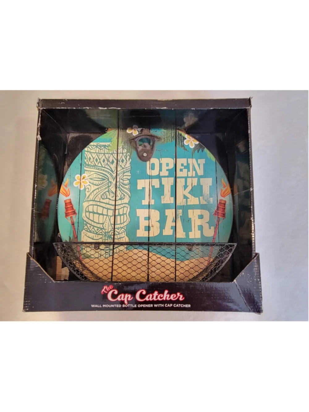 NIB Open Tiki Bar Wall Mounted Bottle Opener with Wire Cap Catcher Wood Plaque